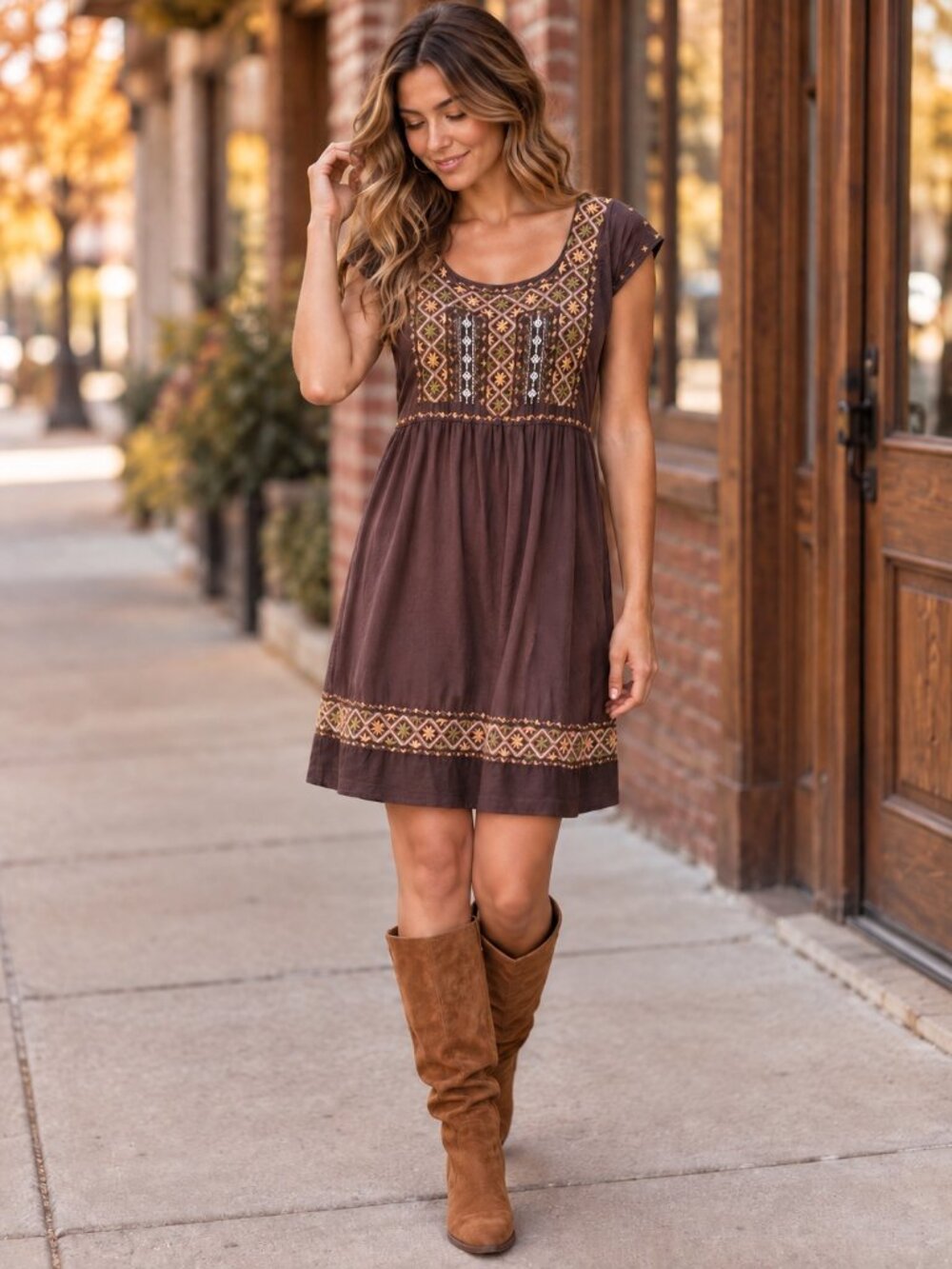 Lucky Brand Embroidered Boho Dress Womens Size S Brown Folk Peasant Cotton